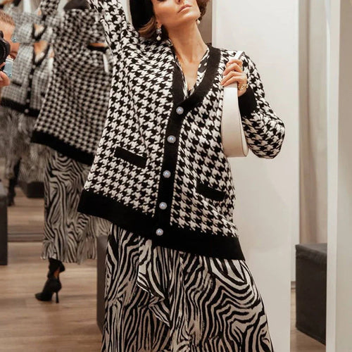 WW | Hahnentrittmuster-Cardigan mit Kontrastleiste