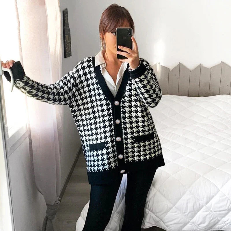 WW | Hahnentrittmuster-Cardigan mit Kontrastleiste