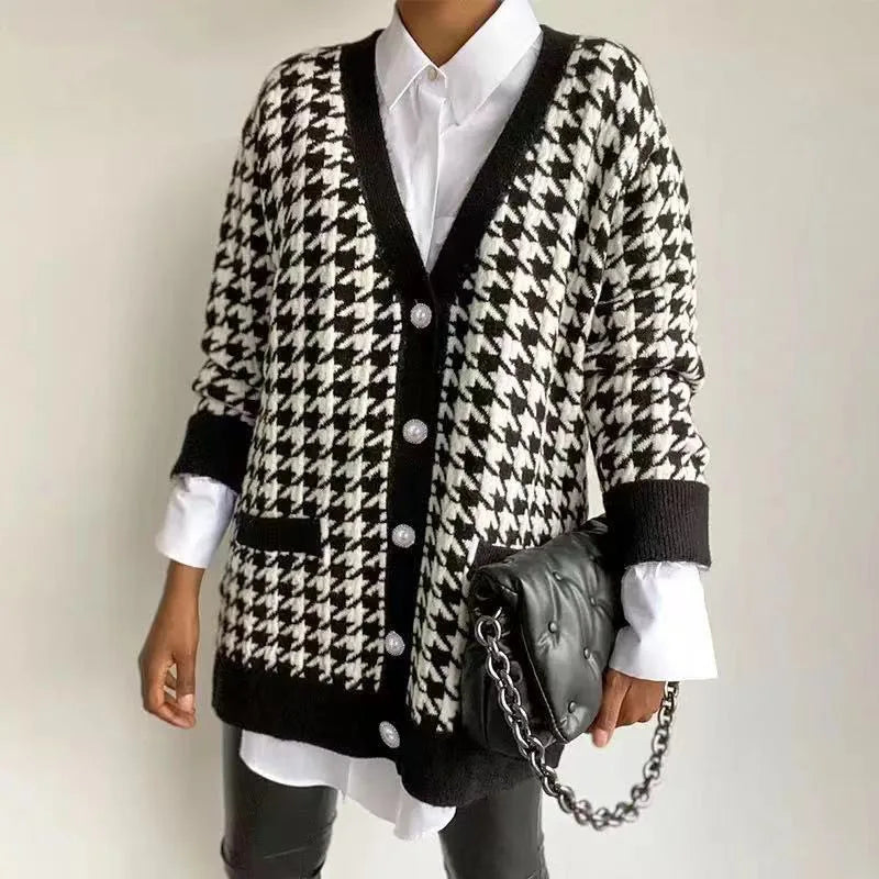 WW | Hahnentrittmuster-Cardigan mit Kontrastleiste