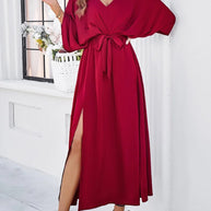 WW | Elegantes V-ausschnitt Kleid Mit Schlitz Für Frauen