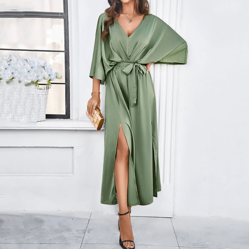 WW | Elegantes V-ausschnitt Kleid Mit Schlitz Für Frauen