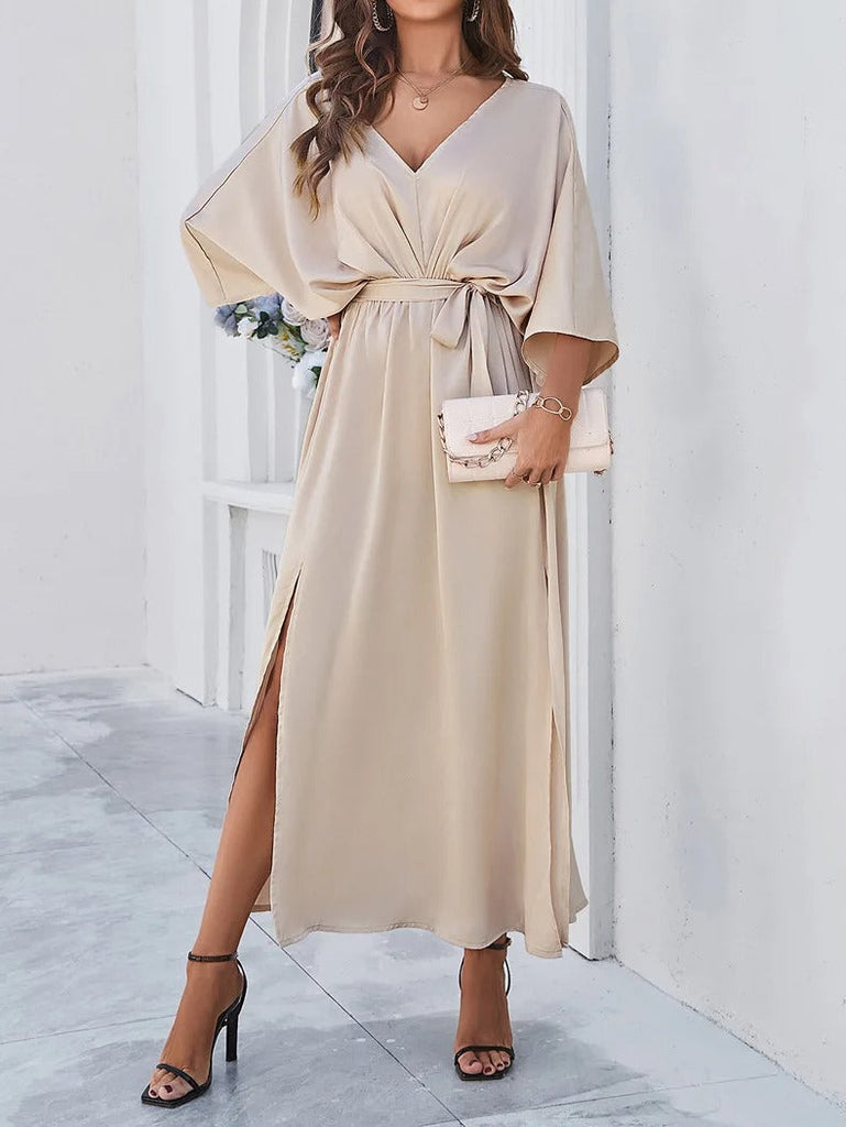 WW | Elegantes V-ausschnitt Kleid Mit Schlitz Für Frauen