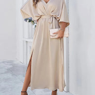 WW | Elegantes V-ausschnitt Kleid Mit Schlitz Für Frauen