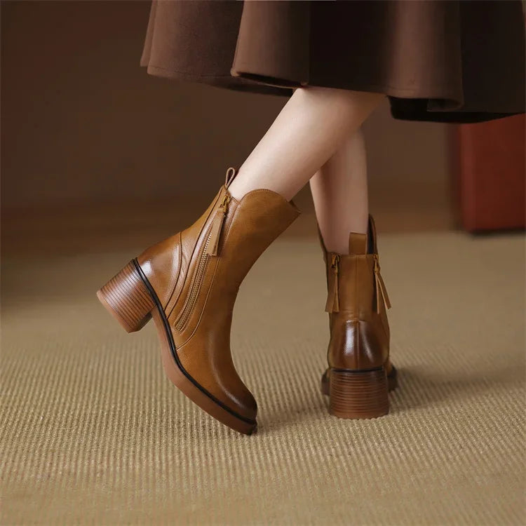 WW | Damen Weinlese Hohe Absätze Leder Stiefel