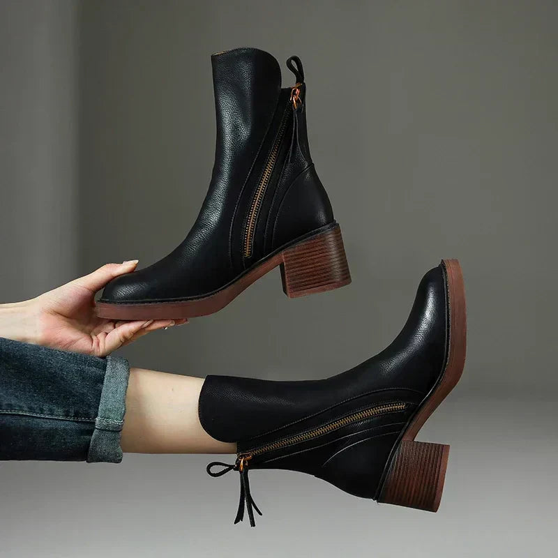 WW | Damen Weinlese Hohe Absätze Leder Stiefel