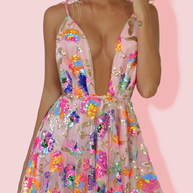 WW | Regenbogen Pailletten Offene Rücken Slip Mini Kleid