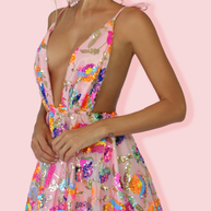 WW | Regenbogen Pailletten Offene Rücken Slip Mini Kleid