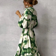 WW | Elegantes Grünes Maxikleid mit V-Ausschnitt und Langen Ärmeln