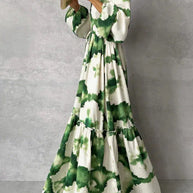 WW | Elegantes Grünes Maxikleid mit V-Ausschnitt und Langen Ärmeln
