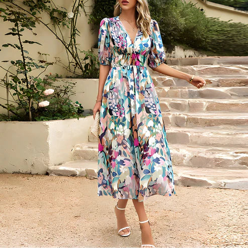 W&W Mode Floral Kleid | Modernes elegantes Maxikleid mit V-Ausschnitt und Blumen