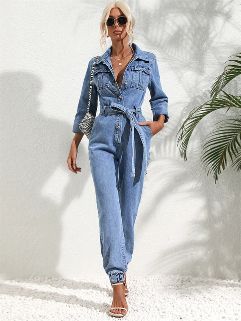 WW | Lässiger Denim-Jumpsuit Mit Gürtel Und Langen Ärmeln Für Damen