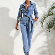 WW | Lässiger Denim-Jumpsuit Mit Gürtel Und Langen Ärmeln Für Damen