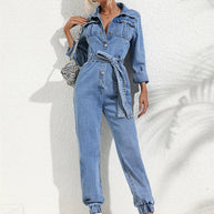 WW | Lässiger Denim-Jumpsuit Mit Gürtel Und Langen Ärmeln Für Damen