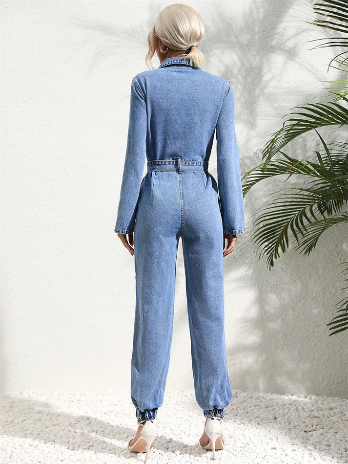 WW | Lässiger Denim-Jumpsuit Mit Gürtel Und Langen Ärmeln Für Damen