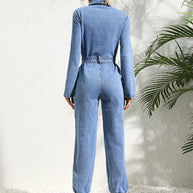 WW | Lässiger Denim-Jumpsuit Mit Gürtel Und Langen Ärmeln Für Damen