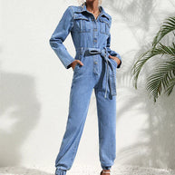 WW | Lässiger Denim-Jumpsuit Mit Gürtel Und Langen Ärmeln Für Damen