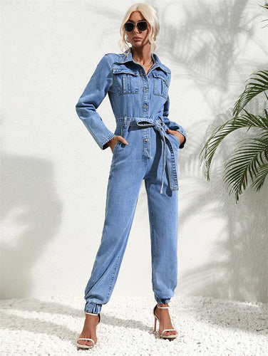 WW | Lässiger Denim-Jumpsuit Mit Gürtel Und Langen Ärmeln Für Damen