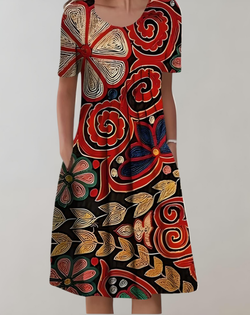 WW | Kurze Ärmel, Lockeres Midikleid mit Blumenmuster und Taschen
