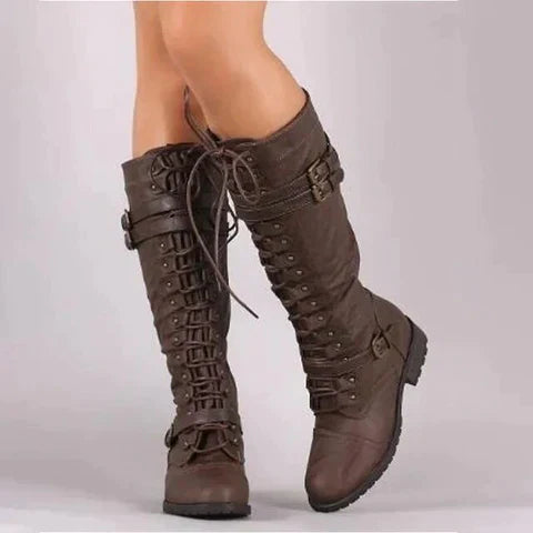 WW | Steampunk Knielange Stiefel Schnürung, Schnallendetail, Pu Leder für Herbst und Winter