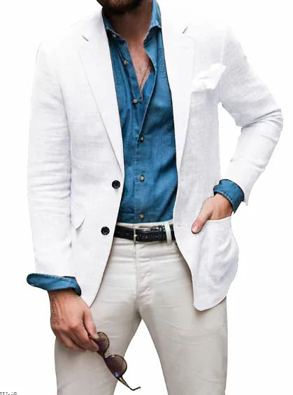 WW | Herren Leinen Blazer Strand Hochzeit Lässig Tailored Fit Solide Farbe Einreihig Zwei Knöpfe