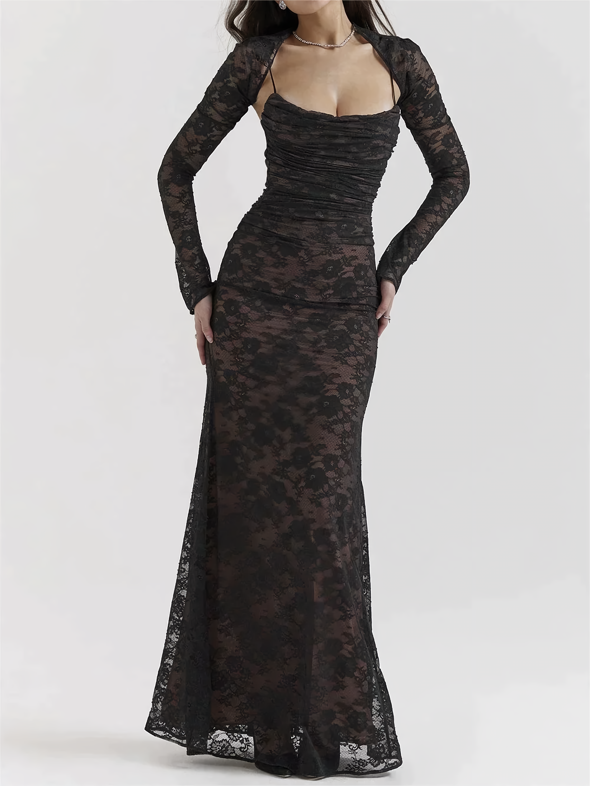 WW | Spitzen Maxikleid Elegantes Langarm Quadratischer Ausschnitt Formelles Abendkleid