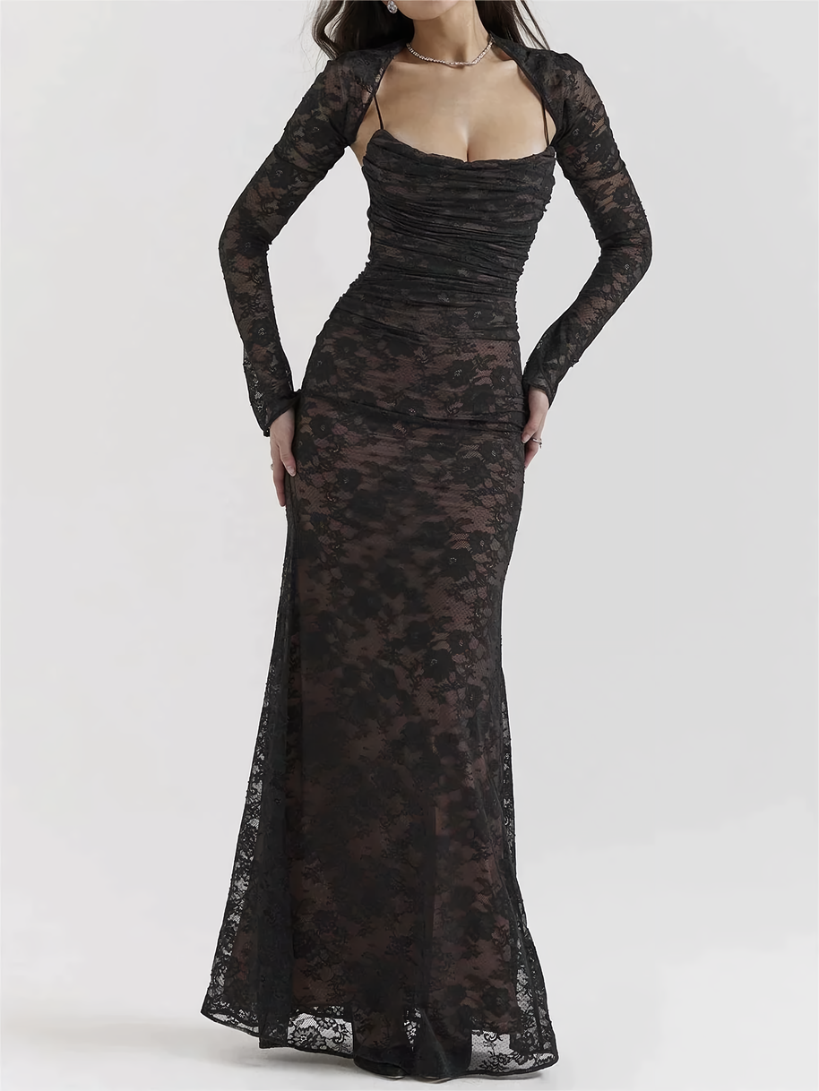 WW | Spitzen Maxikleid Elegantes Langarm Quadratischer Ausschnitt Formelles Abendkleid