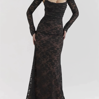 WW | Spitzen Maxikleid Elegantes Langarm Quadratischer Ausschnitt Formelles Abendkleid
