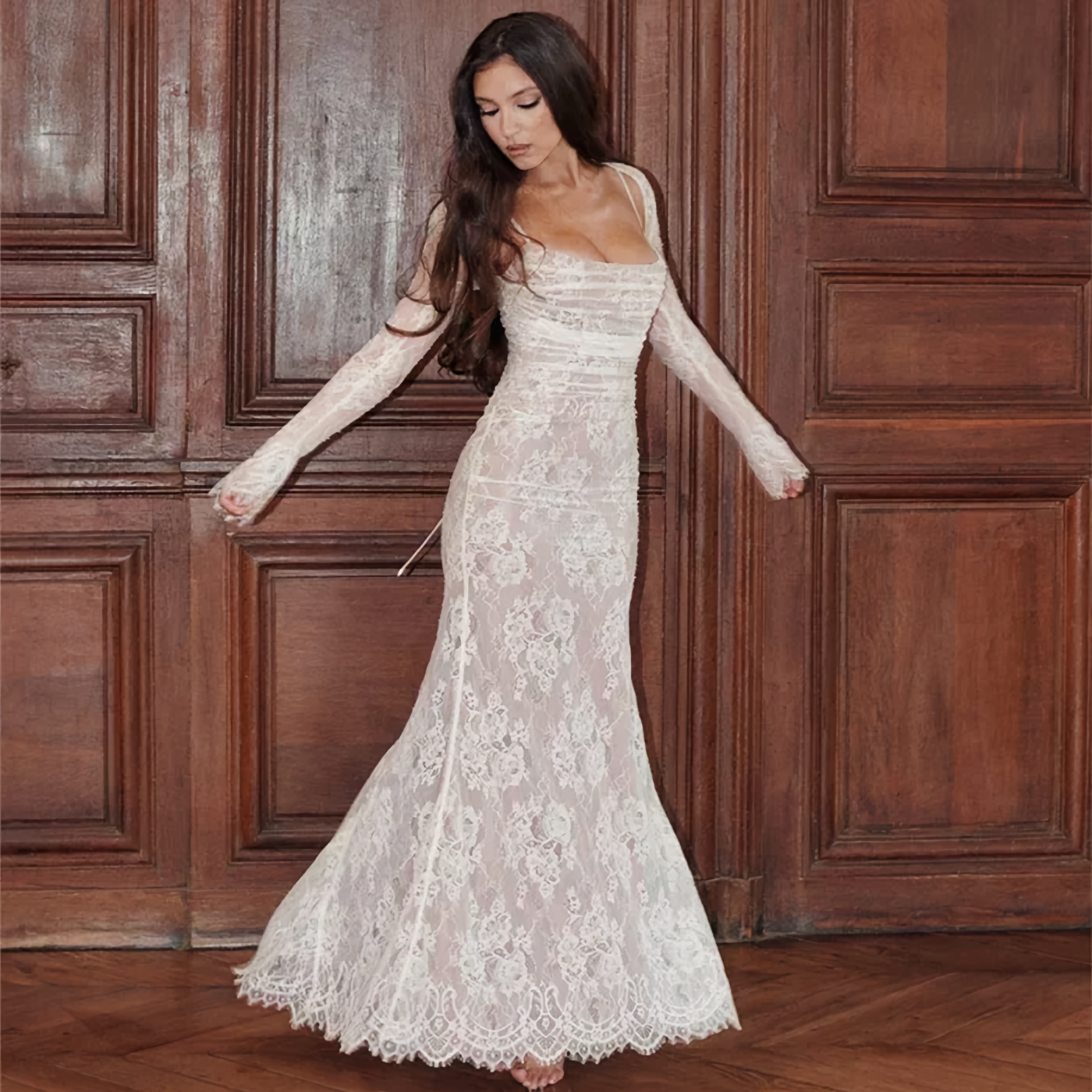 WW | Spitzen Maxikleid Elegantes Langarm Quadratischer Ausschnitt Formelles Abendkleid