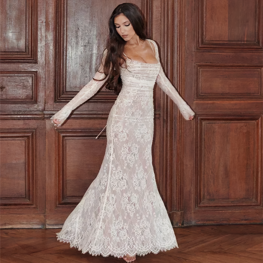 WW | Spitzen Maxikleid Elegantes Langarm Quadratischer Ausschnitt Formelles Abendkleid