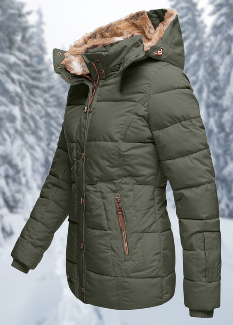 Seitenansicht einer eleganten grün winterjacke vor einem verschneiten hintergrund