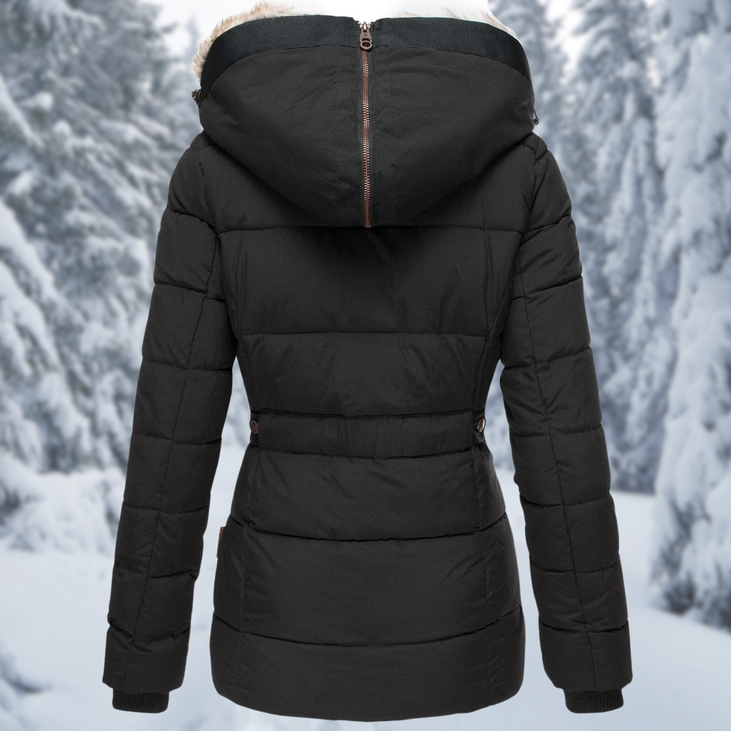 Rückansicht einer elegante schwarz winterjacke vor einem verschneiten hintergrund