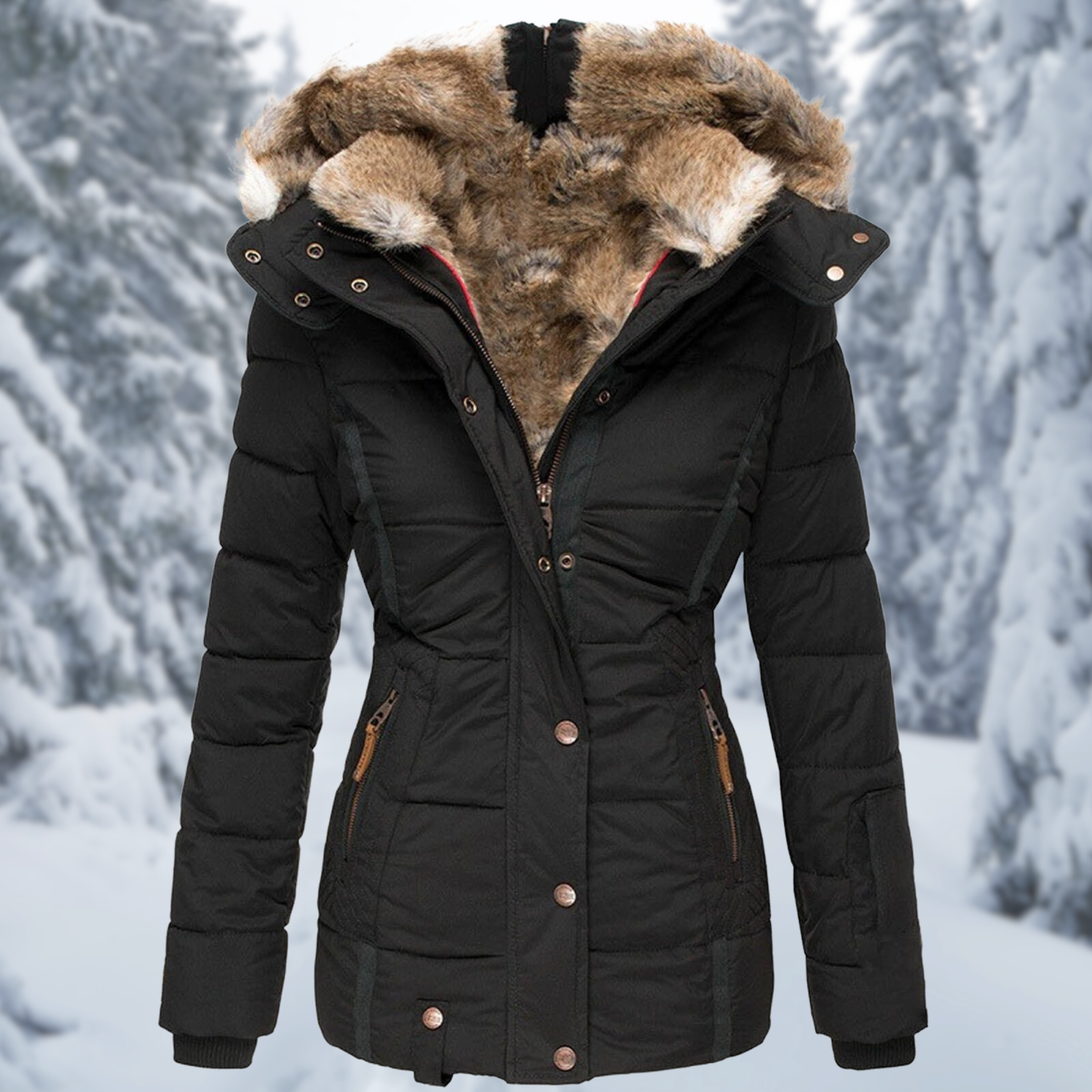 Elegante schwarz winterjacke vor einem verschneiten hintergrund