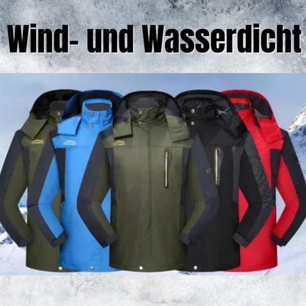 Kollektion wind- und wasserdichter Outdoorjacken in verschiedenen Farben, die ihr funktionales Design für Outdoor-Abenteuer hervorheben.