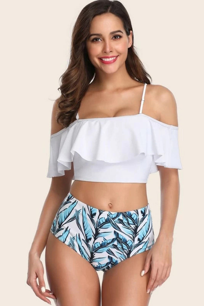 WW | Print Rüsch Bardot Hochtailliertes Bikini Badeanzug