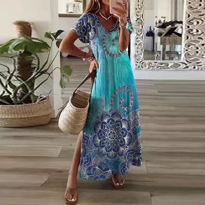 W&W Mode | Buntes Maxi-Kleid mit V-Ausschnitt