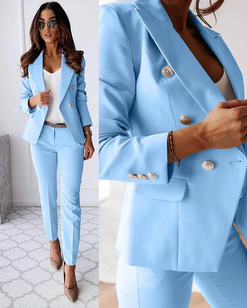 Damen elegantes Business-Anzug-Set mit doppelter Knopfleiste und schmaler Passform WW
