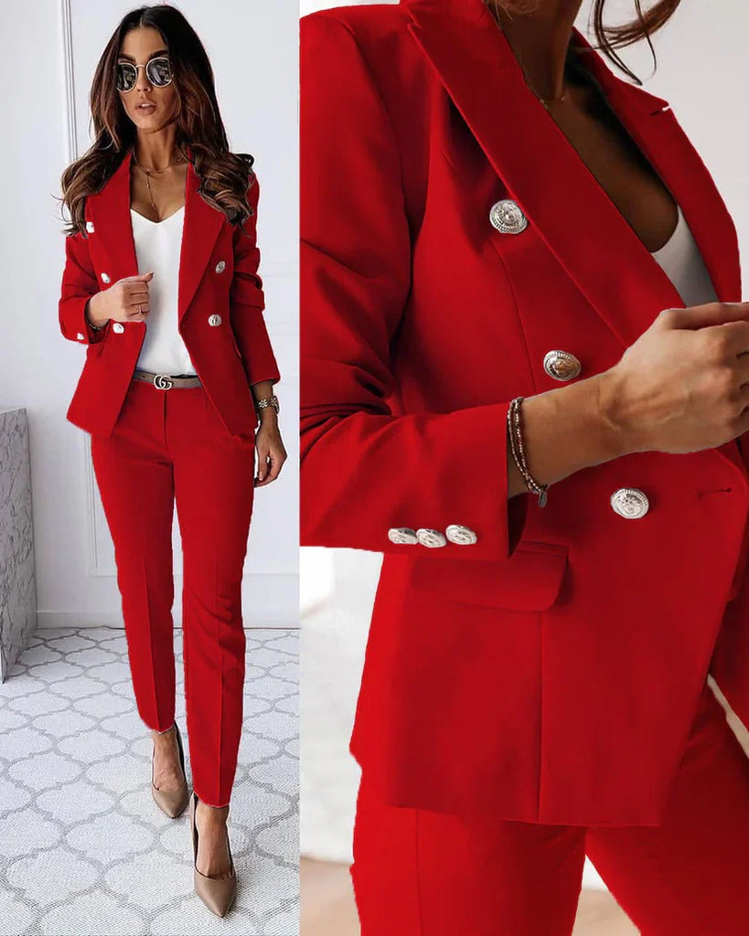 Damen elegantes Business-Anzug-Set mit doppelter Knopfleiste und schmaler Passform WW