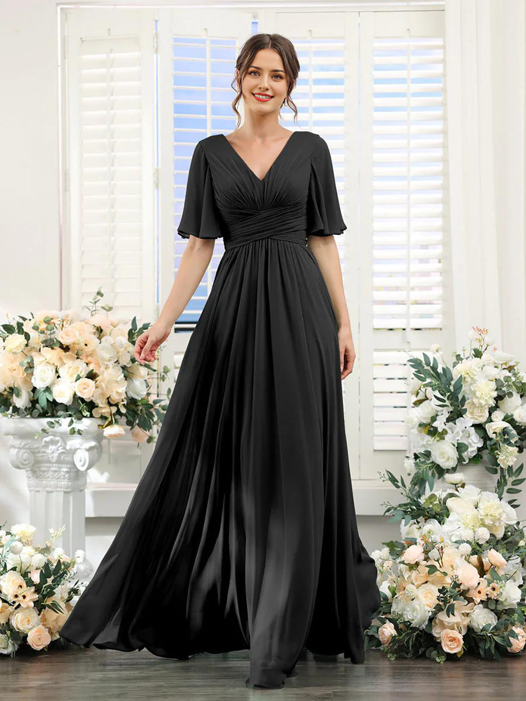 Damen Chiffonkleid mit V-Ausschnitt und fließender Passform