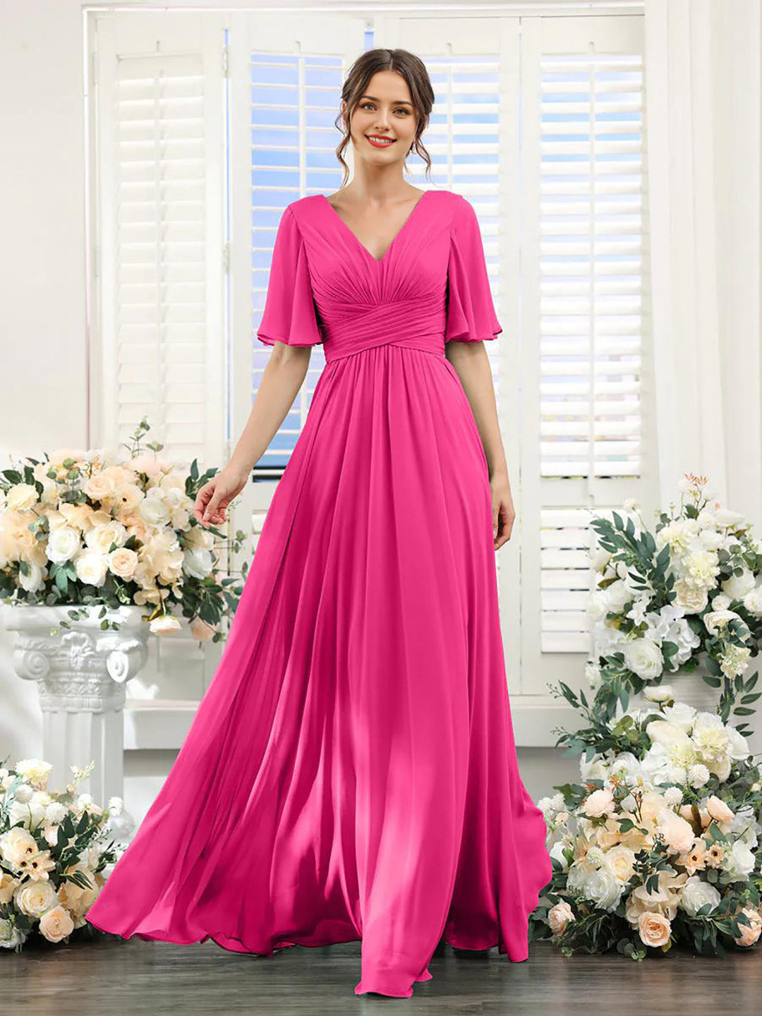 Damen Chiffonkleid mit V-Ausschnitt und fließender Passform