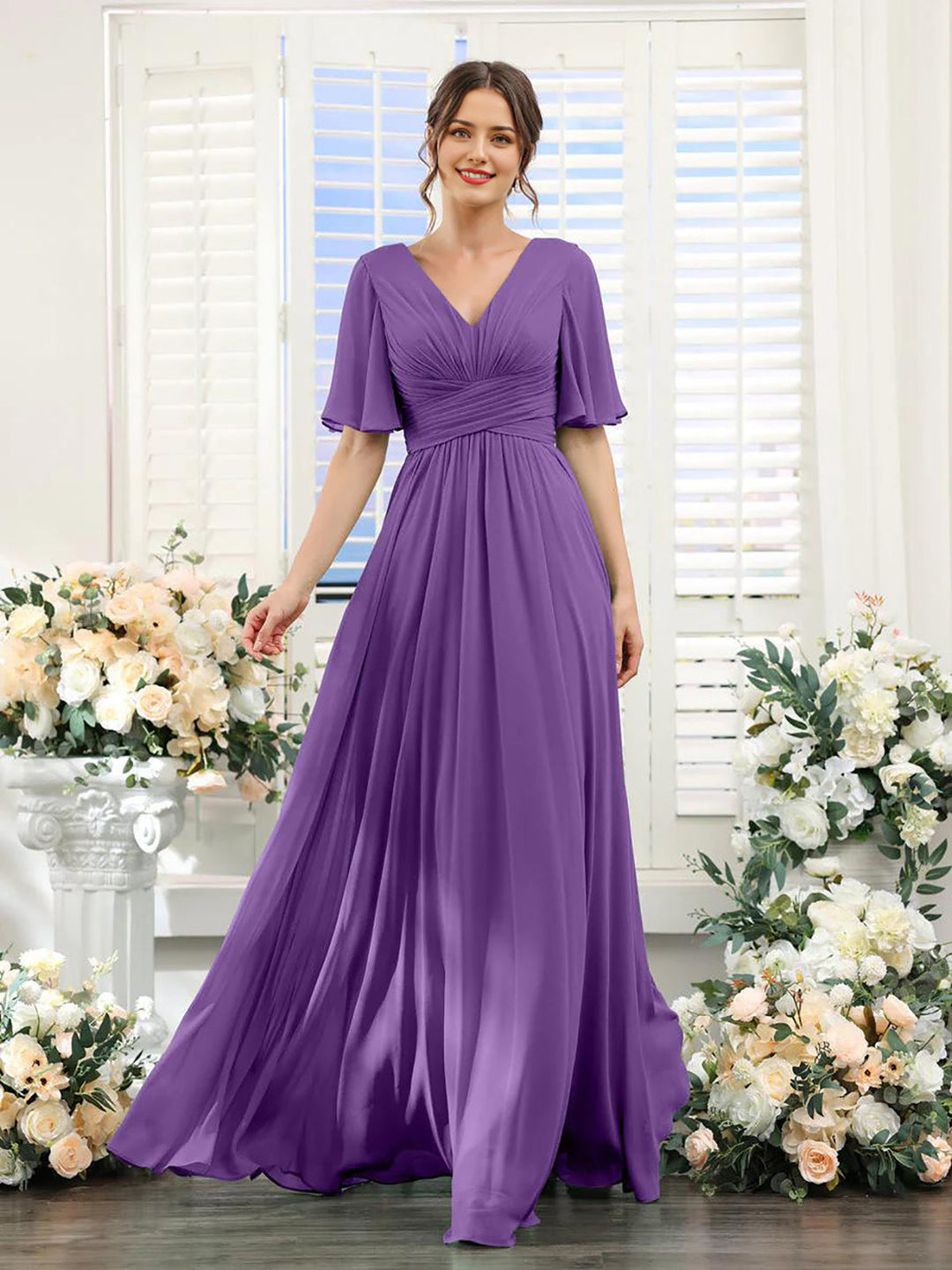 Damen Chiffonkleid mit V-Ausschnitt und fließender Passform