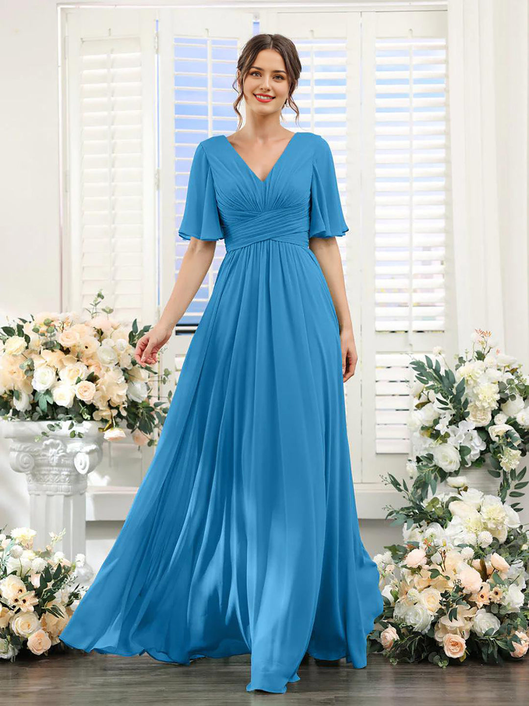 Damen Chiffonkleid mit V-Ausschnitt und fließender Passform