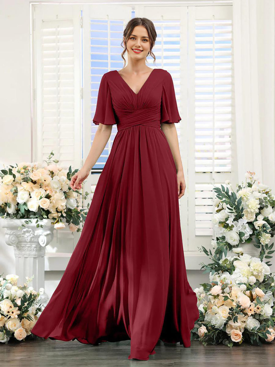 Damen Chiffonkleid mit V-Ausschnitt und fließender Passform