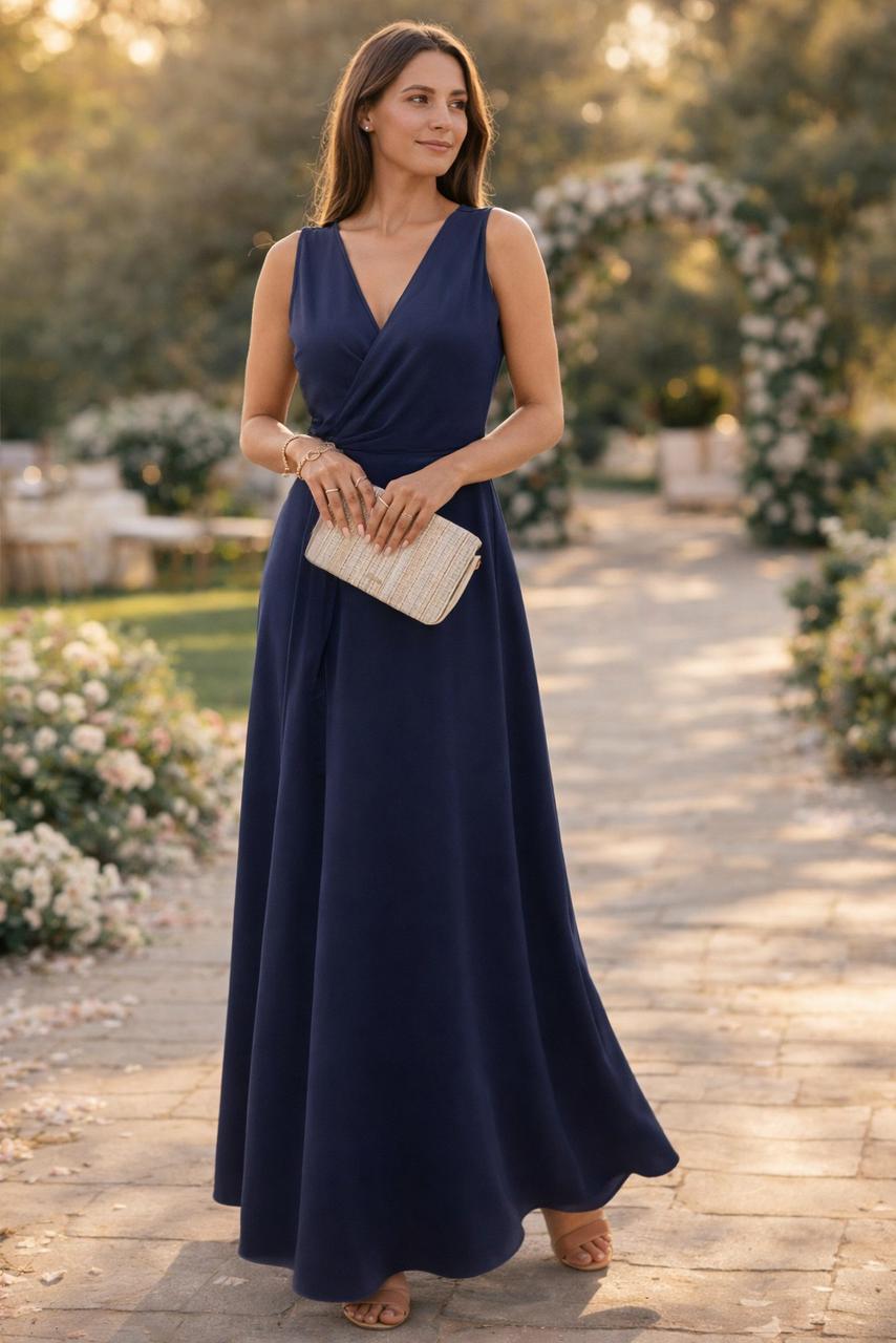 W&W Mode Maxikleid Damen lang elegant V-Ausschnitt ärmellos