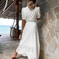 WW | Maxikleid Besticktes Cut Out Design Puffärmel Knopfverschluss Taillenknoten