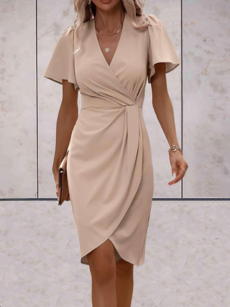 WW | Elegantes V-Ausschnitt Flügelärmel Kleid Knielang