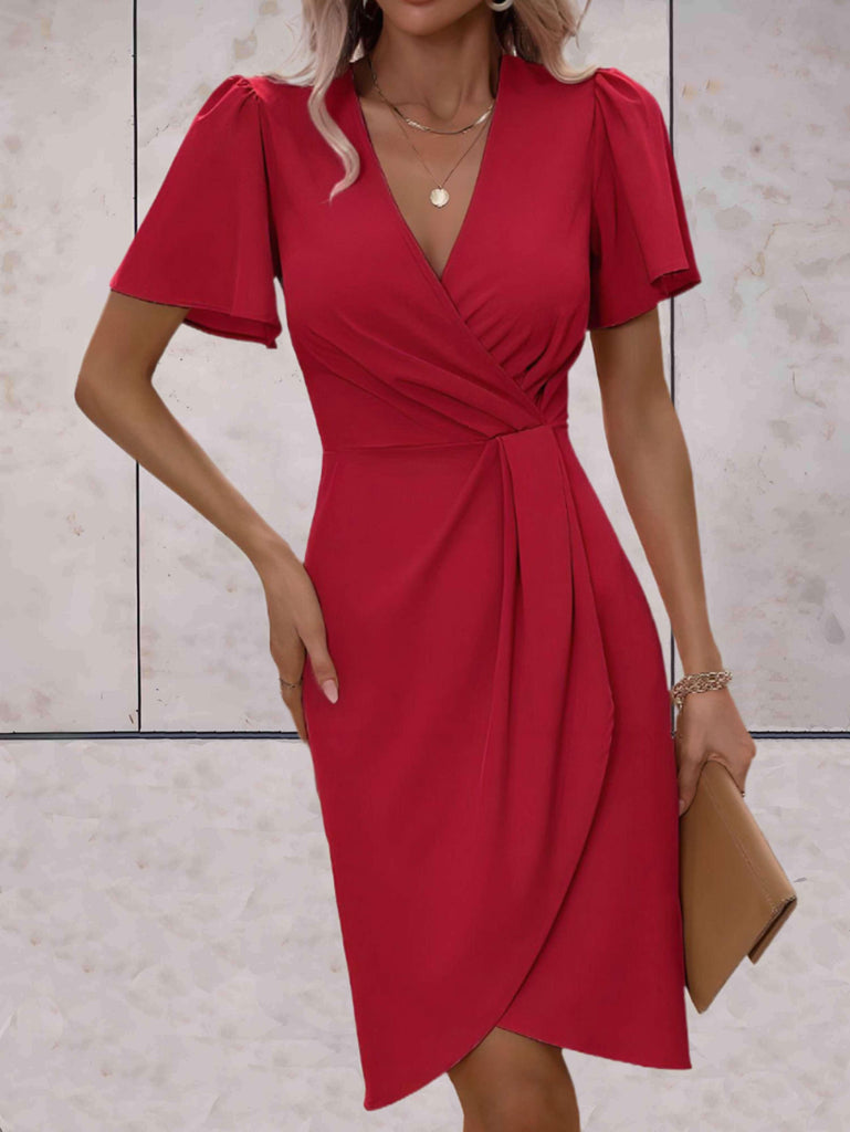 WW | Elegantes V-Ausschnitt Flügelärmel Kleid Knielang