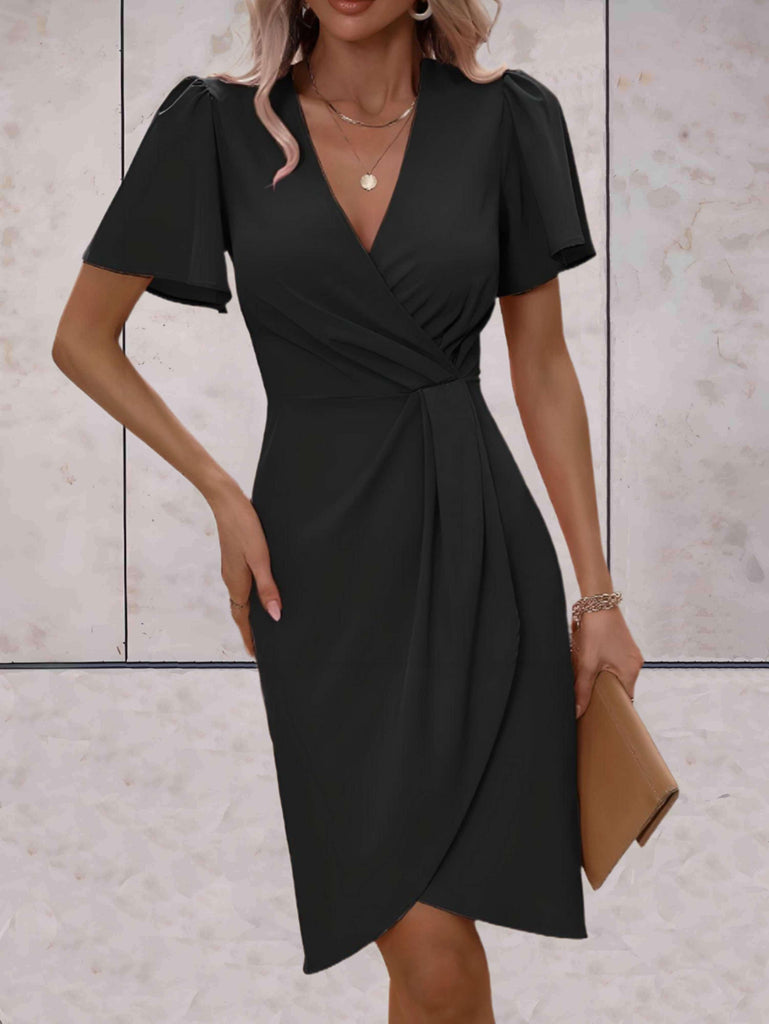 WW | Elegantes V-Ausschnitt Flügelärmel Kleid Knielang