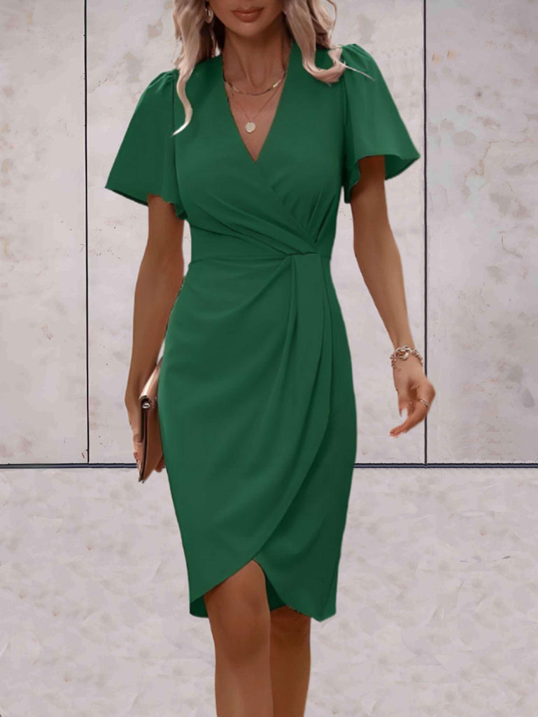 WW | Elegantes V-Ausschnitt Flügelärmel Kleid Knielang
