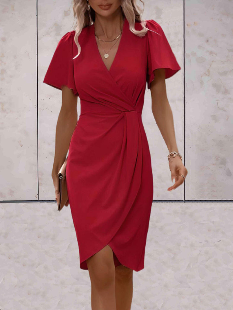 WW | Elegantes V-Ausschnitt Flügelärmel Kleid Knielang