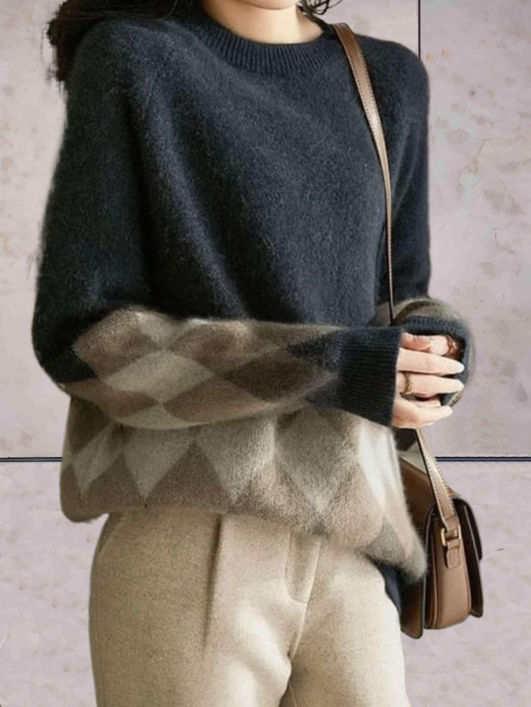 WW | Übergröße Gestrickter Pullover in Kontrastierenden Farben Mit Einem Runden Halsausschnitt